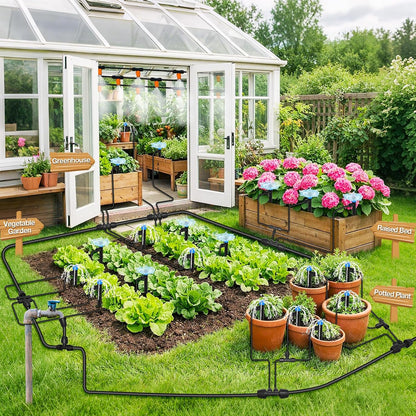 300FT Drip Irrigation System Kit, Automatic Garden Misting Watering System with 100FT 1/2" & 200FT 1/4" Irrigation Tubing, Fitting, Adjustable Emitter for Greenhouse Lawn Raised Bed Potted Plant