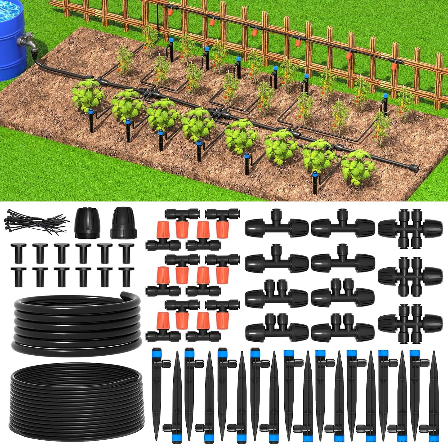 300FT Drip Irrigation System Kit, Automatic Garden Misting Watering System with 100FT 1/2" & 200FT 1/4" Irrigation Tubing, Fitting, Adjustable Emitter for Greenhouse Lawn Raised Bed Potted Plant