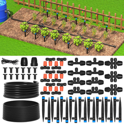 300FT Drip Irrigation System Kit, Automatic Garden Misting Watering System with 100FT 1/2" & 200FT 1/4" Irrigation Tubing, Fitting, Adjustable Emitter for Greenhouse Lawn Raised Bed Potted Plant