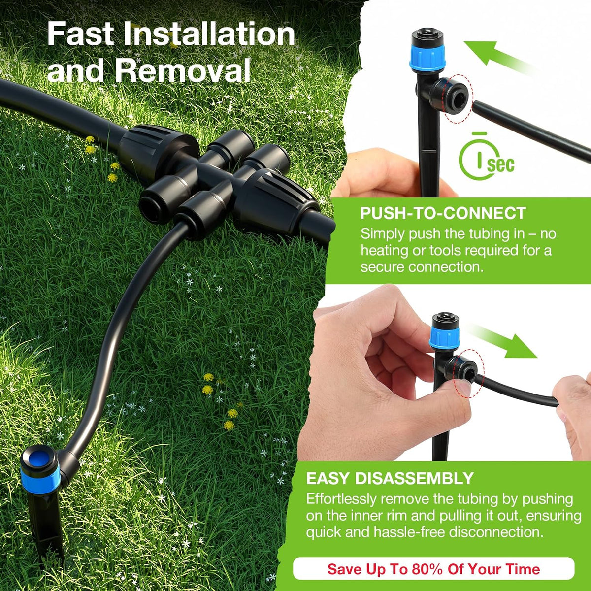 300FT Drip Irrigation System Kit, Automatic Garden Misting Watering System with 100FT 1/2" & 200FT 1/4" Irrigation Tubing, Fitting, Adjustable Emitter for Greenhouse Lawn Raised Bed Potted Plant