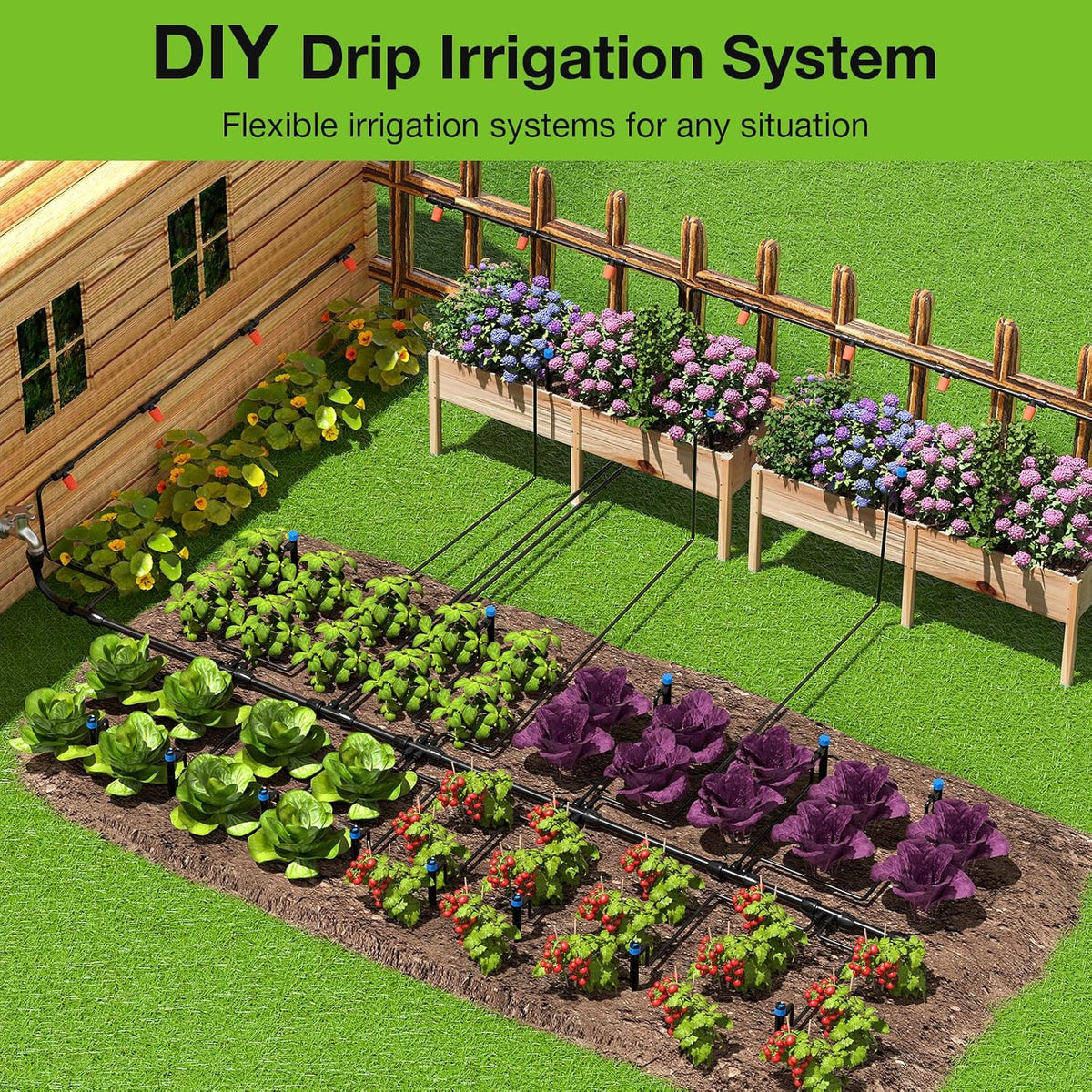 300FT Drip Irrigation System Kit, Automatic Garden Misting Watering System with 100FT 1/2" & 200FT 1/4" Irrigation Tubing, Fitting, Adjustable Emitter for Greenhouse Lawn Raised Bed Potted Plant