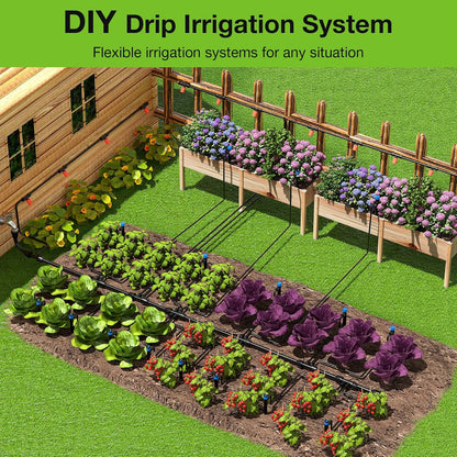 300FT Drip Irrigation System Kit, Automatic Garden Misting Watering System with 100FT 1/2" & 200FT 1/4" Irrigation Tubing, Fitting, Adjustable Emitter for Greenhouse Lawn Raised Bed Potted Plant