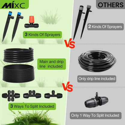 300FT Drip Irrigation System Kit, Automatic Garden Misting Watering System with 100FT 1/2" & 200FT 1/4" Irrigation Tubing, Fitting, Adjustable Emitter for Greenhouse Lawn Raised Bed Potted Plant