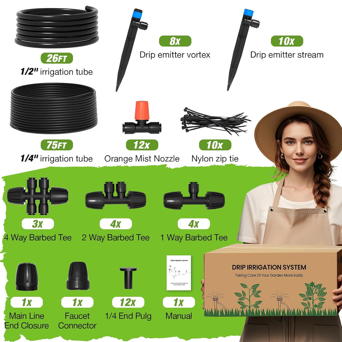 300FT Drip Irrigation System Kit, Automatic Garden Misting Watering System with 100FT 1/2" & 200FT 1/4" Irrigation Tubing, Fitting, Adjustable Emitter for Greenhouse Lawn Raised Bed Potted Plant