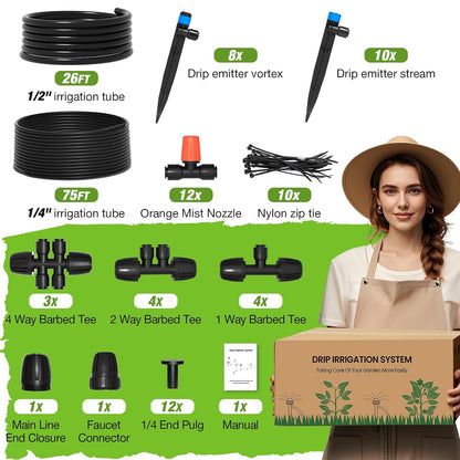 300FT Drip Irrigation System Kit, Automatic Garden Misting Watering System with 100FT 1/2" & 200FT 1/4" Irrigation Tubing, Fitting, Adjustable Emitter for Greenhouse Lawn Raised Bed Potted Plant