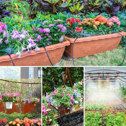 300FT Drip Irrigation System Kit, Automatic Garden Misting Watering System with 100FT 1/2" & 200FT 1/4" Irrigation Tubing, Fitting, Adjustable Emitter for Greenhouse Lawn Raised Bed Potted Plant
