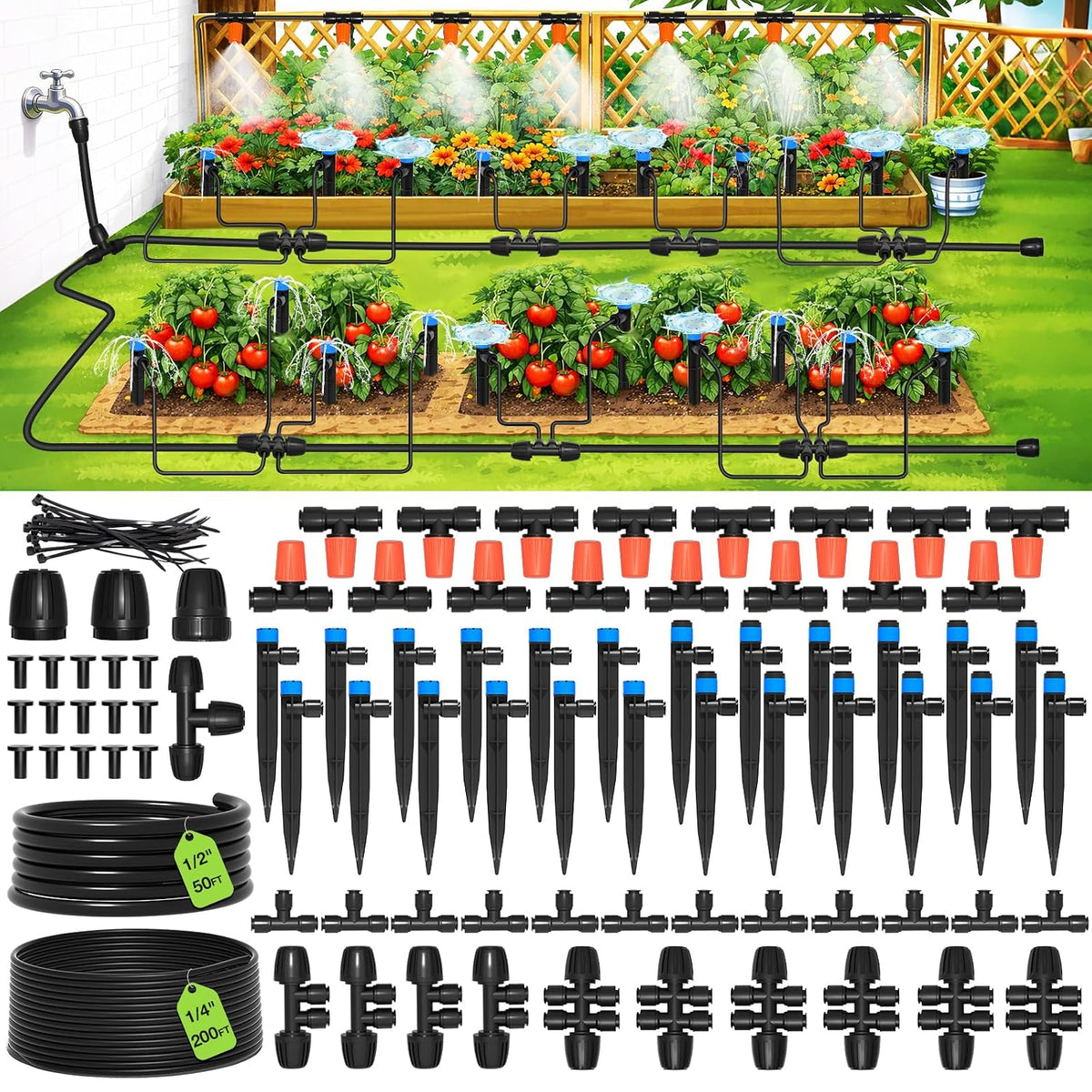 300FT Drip Irrigation System Kit, Automatic Garden Misting Watering System with 100FT 1/2" & 200FT 1/4" Irrigation Tubing, Fitting, Adjustable Emitter for Greenhouse Lawn Raised Bed Potted Plant
