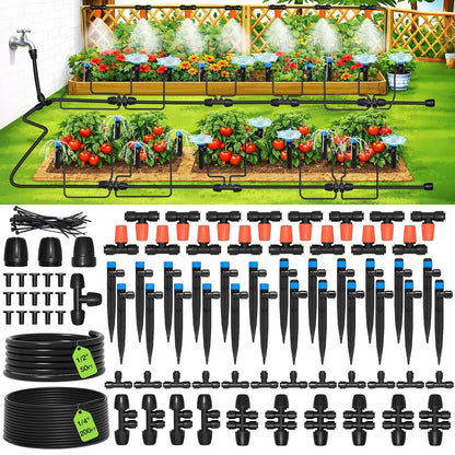 300FT Drip Irrigation System Kit, Automatic Garden Misting Watering System with 100FT 1/2" & 200FT 1/4" Irrigation Tubing, Fitting, Adjustable Emitter for Greenhouse Lawn Raised Bed Potted Plant