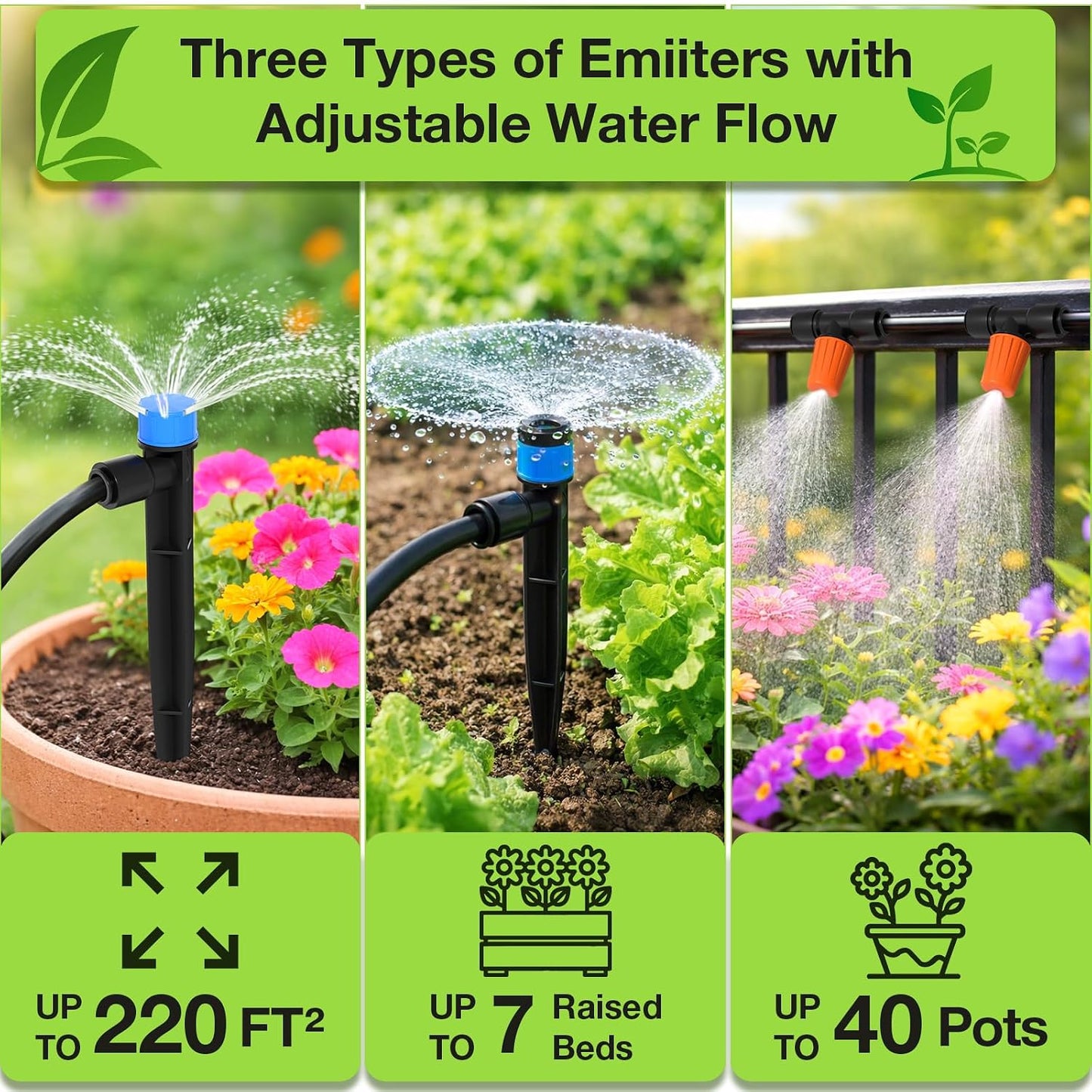 300FT Drip Irrigation System Kit, Automatic Garden Misting Watering System with 100FT 1/2" & 200FT 1/4" Irrigation Tubing, Fitting, Adjustable Emitter for Greenhouse Lawn Raised Bed Potted Plant