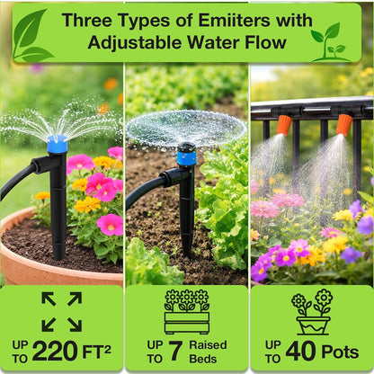 300FT Drip Irrigation System Kit, Automatic Garden Misting Watering System with 100FT 1/2" & 200FT 1/4" Irrigation Tubing, Fitting, Adjustable Emitter for Greenhouse Lawn Raised Bed Potted Plant