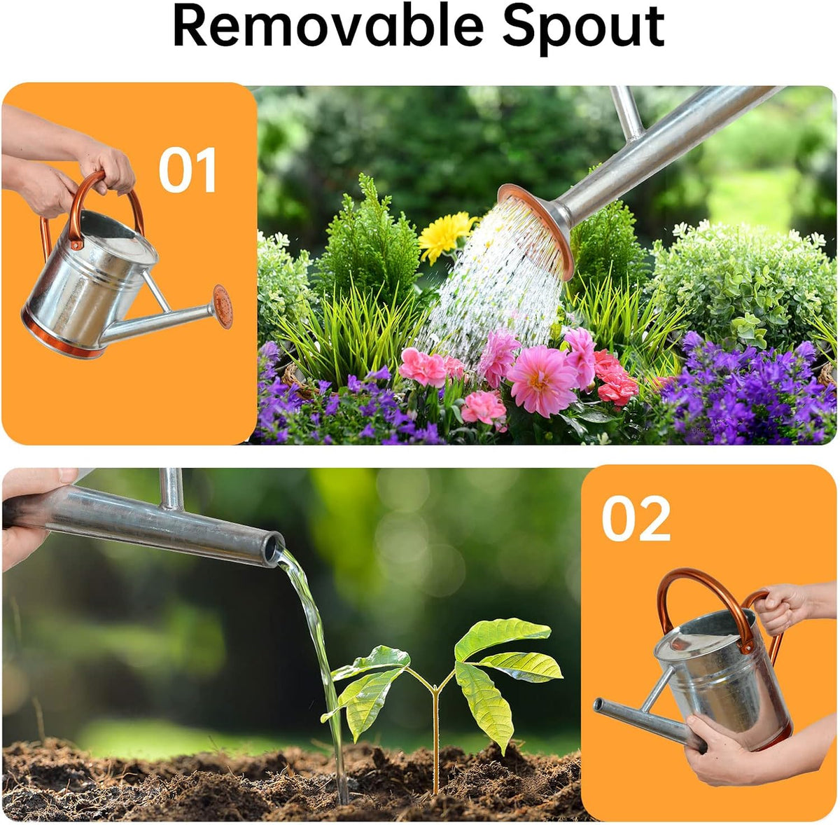 Metal Watering Can for Outdoor Plants, 1 Gallon Galvanized Steel Watering Can with Removable spout for Outdoor & Indoor Use, Perfect for Garden Flower, Houseplants, Copper