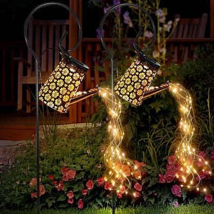 2 Pcs Solar Watering Can Lights, Hanging Solar Waterfall Lights Waterproof Outdoor Garden Decor Yard Art for Porch Landscape Patio, Gardening Gifts for Mom Grandma Women ( 2 Pack with Shepherd Hooks)
