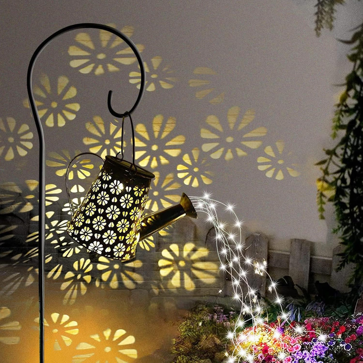 2 Pcs Solar Watering Can Lights, Hanging Solar Waterfall Lights Waterproof Outdoor Garden Decor Yard Art for Porch Landscape Patio, Gardening Gifts for Mom Grandma Women ( 2 Pack with Shepherd Hooks)