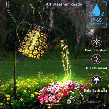 2 Pcs Solar Watering Can Lights, Hanging Solar Waterfall Lights Waterproof Outdoor Garden Decor Yard Art for Porch Landscape Patio, Gardening Gifts for Mom Grandma Women ( 2 Pack with Shepherd Hooks)