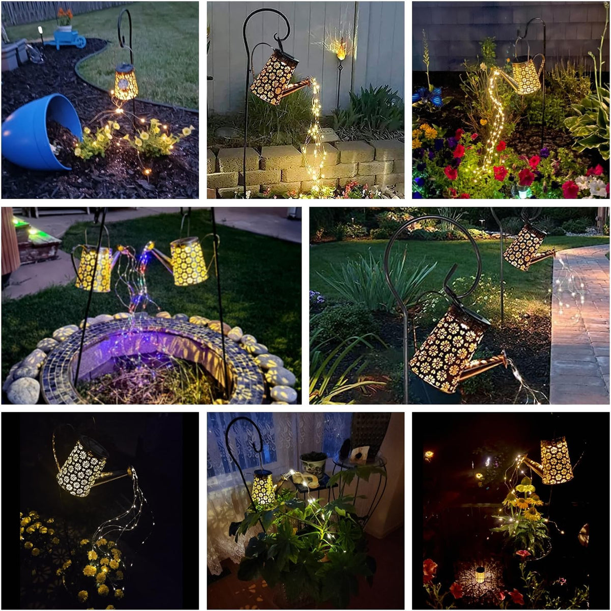 2 Pcs Solar Watering Can Lights, Hanging Solar Waterfall Lights Waterproof Outdoor Garden Decor Yard Art for Porch Landscape Patio, Gardening Gifts for Mom Grandma Women ( 2 Pack with Shepherd Hooks)