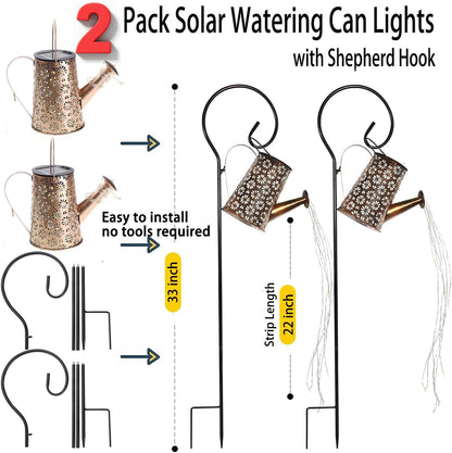 2 Pcs Solar Watering Can Lights, Hanging Solar Waterfall Lights Waterproof Outdoor Garden Decor Yard Art for Porch Landscape Patio, Gardening Gifts for Mom Grandma Women ( 2 Pack with Shepherd Hooks)