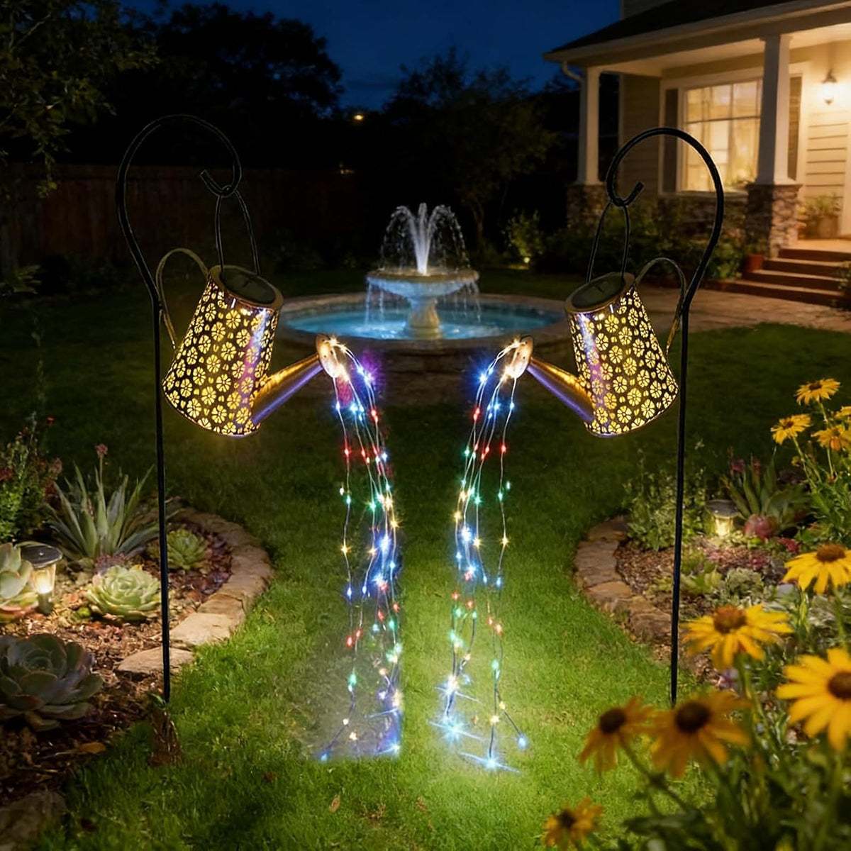 2 Pcs Solar Watering Can Lights, Hanging Solar Waterfall Lights Waterproof Outdoor Garden Decor Yard Art for Porch Landscape Patio, Gardening Gifts for Mom Grandma Women ( 2 Pack with Shepherd Hooks)
