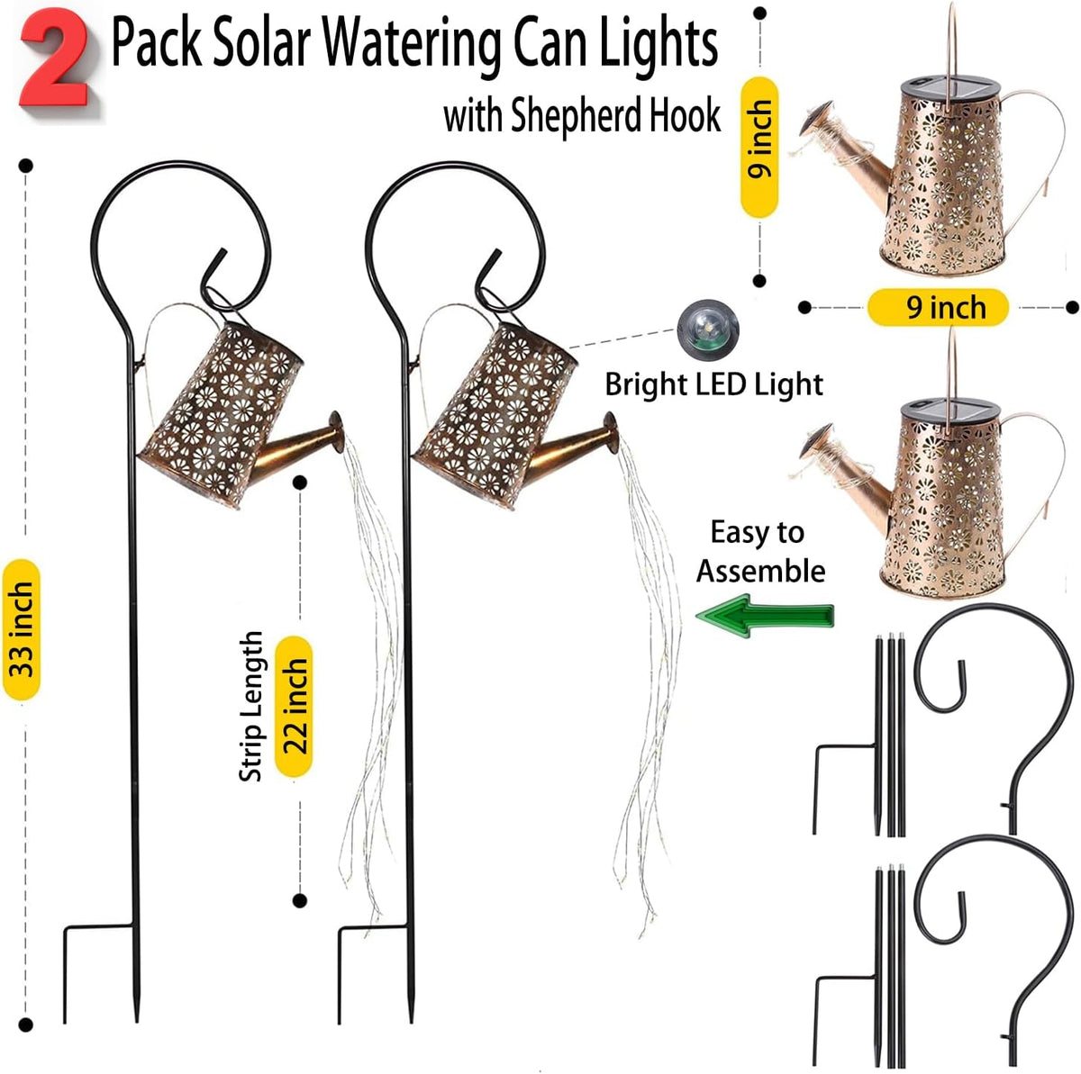 2 Pcs Solar Watering Can Lights, Hanging Solar Waterfall Lights Waterproof Outdoor Garden Decor Yard Art for Porch Landscape Patio, Gardening Gifts for Mom Grandma Women ( 2 Pack with Shepherd Hooks)