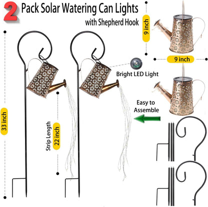 2 Pcs Solar Watering Can Lights, Hanging Solar Waterfall Lights Waterproof Outdoor Garden Decor Yard Art for Porch Landscape Patio, Gardening Gifts for Mom Grandma Women ( 2 Pack with Shepherd Hooks)