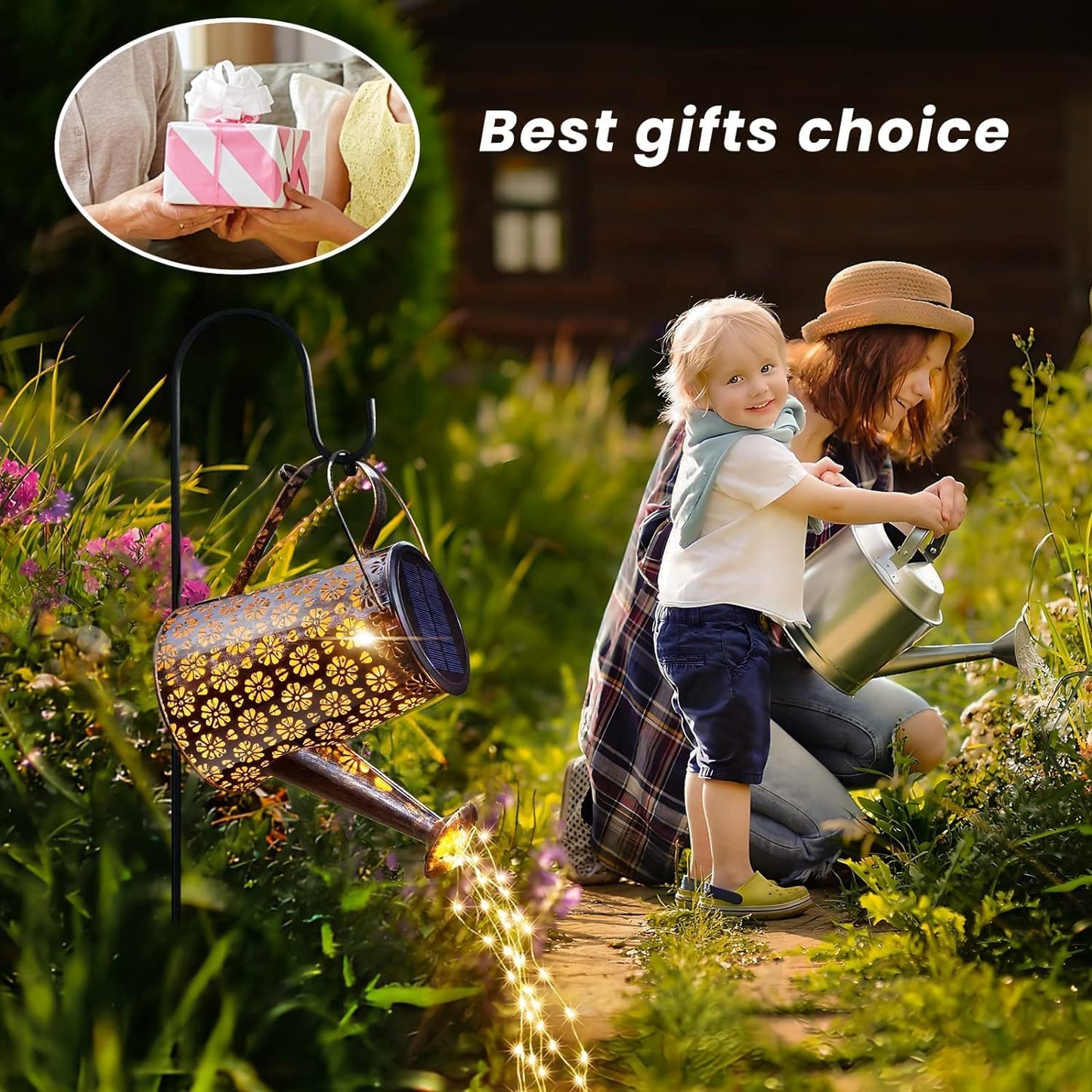 2 Pcs Solar Watering Can Lights, Hanging Solar Waterfall Lights Waterproof Outdoor Garden Decor Yard Art for Porch Landscape Patio, Gardening Gifts for Mom Grandma Women ( 2 Pack with Shepherd Hooks)
