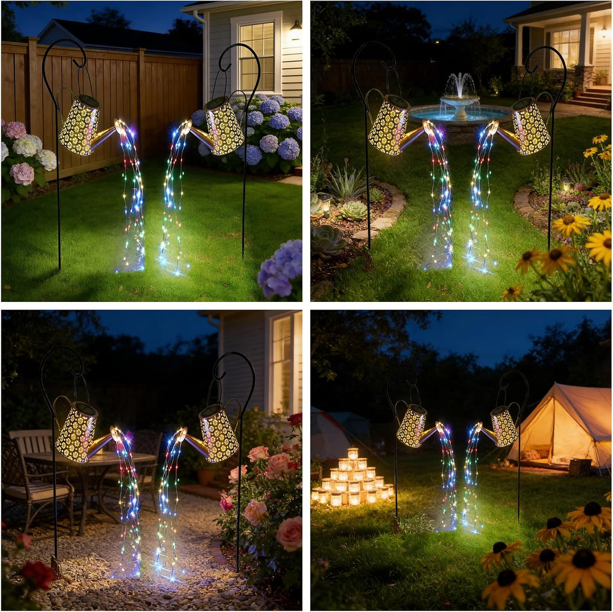 2 Pcs Solar Watering Can Lights, Hanging Solar Waterfall Lights Waterproof Outdoor Garden Decor Yard Art for Porch Landscape Patio, Gardening Gifts for Mom Grandma Women ( 2 Pack with Shepherd Hooks)