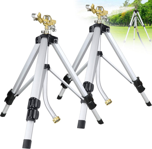 Sprinklers for Yard on Tripod, 2 Pack Heavy Duty 360 Degree Impact Lawn Sprinklers for Yard and Gardens, Adjustable Base with Sprinkler Head Nozzle and 3/4" NH Inlet Hose Connection