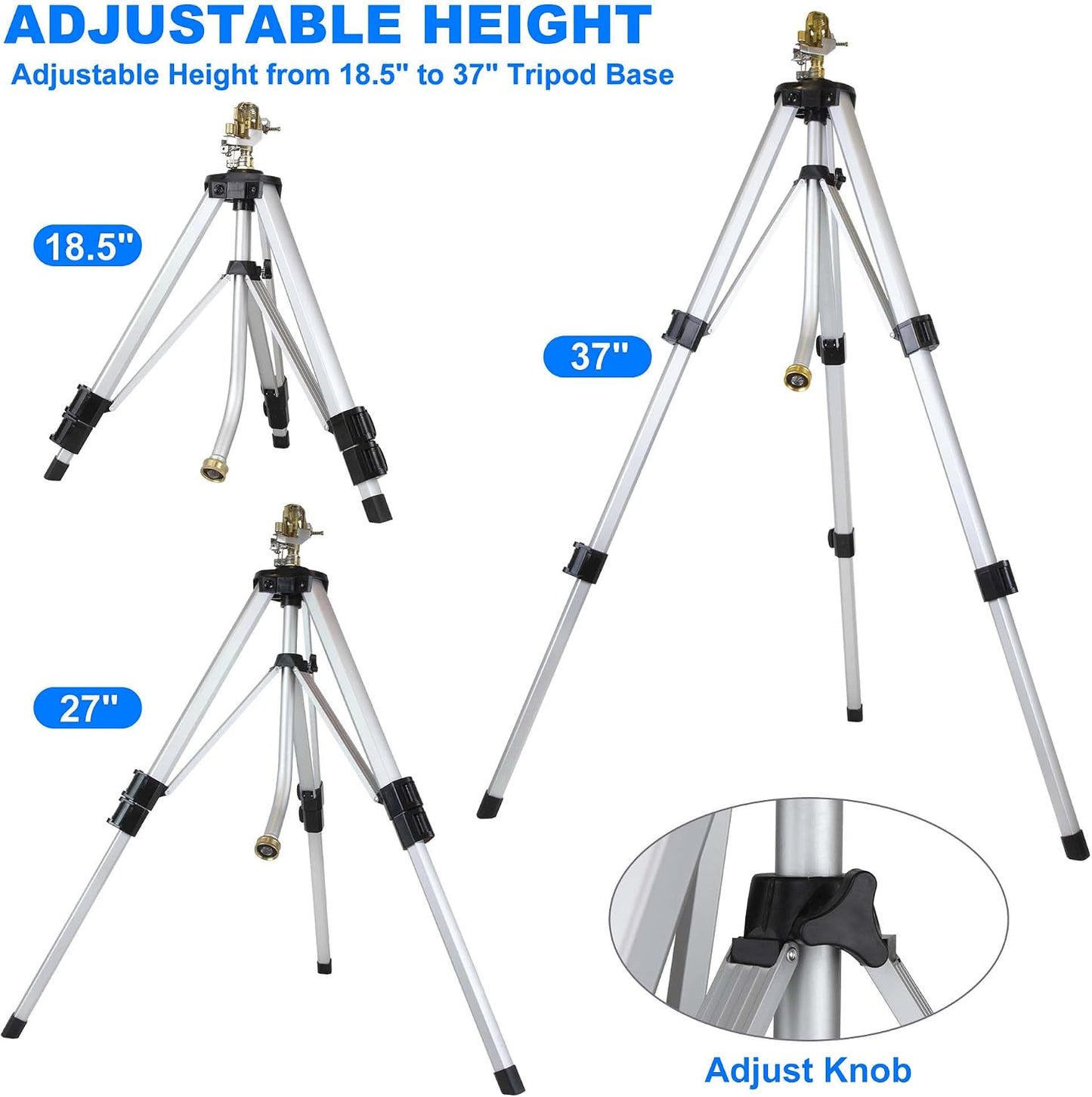 Sprinklers for Yard on Tripod, 2 Pack Heavy Duty 360 Degree Impact Lawn Sprinklers for Yard and Gardens, Adjustable Base with Sprinkler Head Nozzle and 3/4" NH Inlet Hose Connection