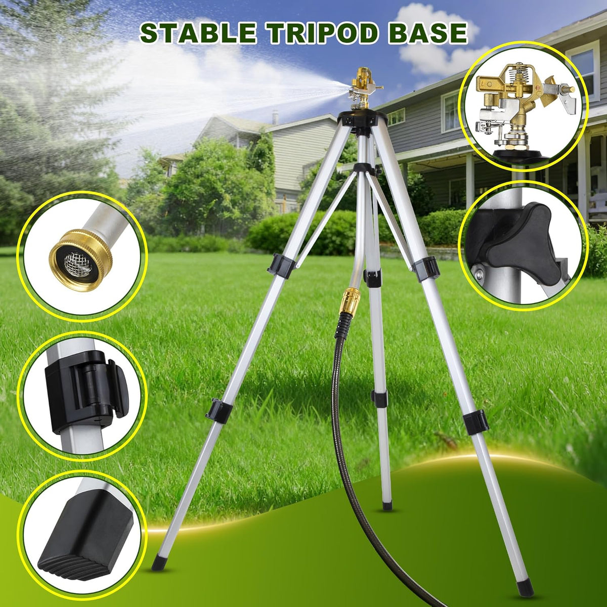 Sprinklers for Yard on Tripod, 2 Pack Heavy Duty 360 Degree Impact Lawn Sprinklers for Yard and Gardens, Adjustable Base with Sprinkler Head Nozzle and 3/4" NH Inlet Hose Connection