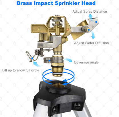 Sprinklers for Yard on Tripod, 2 Pack Heavy Duty 360 Degree Impact Lawn Sprinklers for Yard and Gardens, Adjustable Base with Sprinkler Head Nozzle and 3/4" NH Inlet Hose Connection