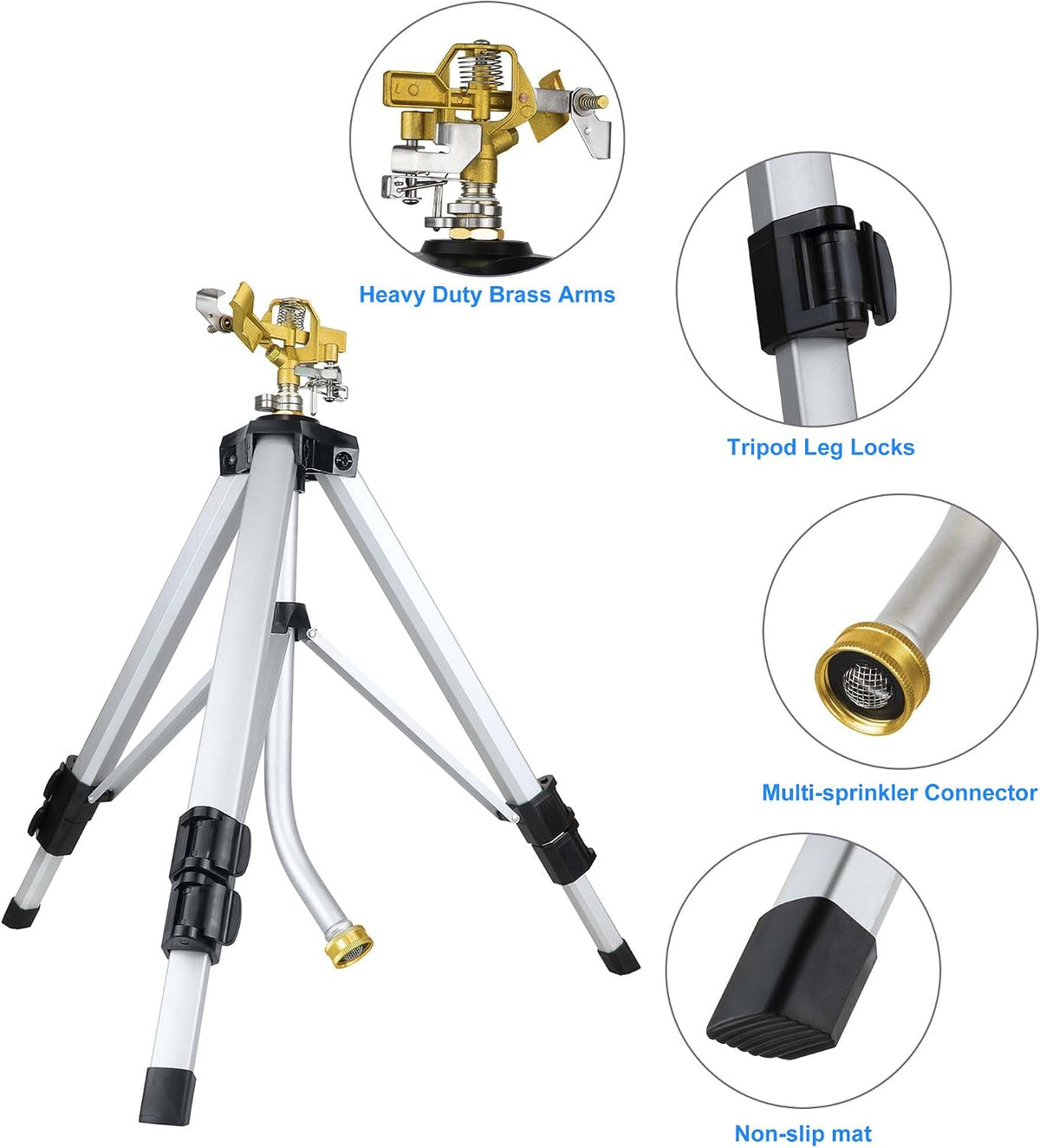 Sprinklers for Yard on Tripod, 2 Pack Heavy Duty 360 Degree Impact Lawn Sprinklers for Yard and Gardens, Adjustable Base with Sprinkler Head Nozzle and 3/4" NH Inlet Hose Connection