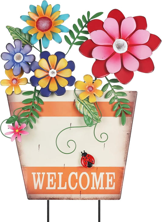 Garden Decor for Outside, Metal Flower Pot Decorative Garden Stakes with Flowers for Spring Decor, Yard Art Welcome Sign for Outdoor Garden Lawn Backyard Porch Patio Decorations