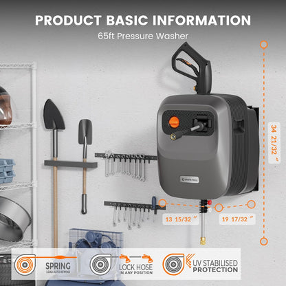 Grandfalls Retractable Wall Mount Pressure Washer G20, 65FT