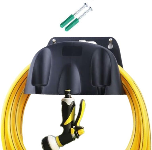 Garden Hose Reel Wall Mount Holder for Yard Organization - Premium Plastic Water Hose Holder, Small Setup for Garage, Holds 65' Feet Hose, Outside Storage with Pipe Hook Support, Under $30