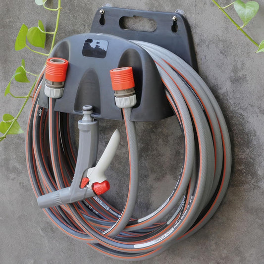 Garden Hose Reel Wall Mount Holder for Yard Organization - Premium Plastic Water Hose Holder, Small Setup for Garage, Holds 65' Feet Hose, Outside Storage with Pipe Hook Support, Under $30