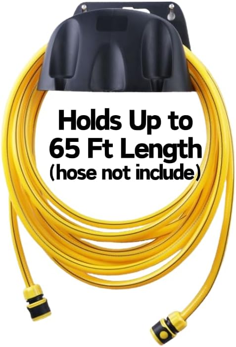Garden Hose Reel Wall Mount Holder for Yard Organization - Premium Plastic Water Hose Holder, Small Setup for Garage, Holds 65' Feet Hose, Outside Storage with Pipe Hook Support, Under $30