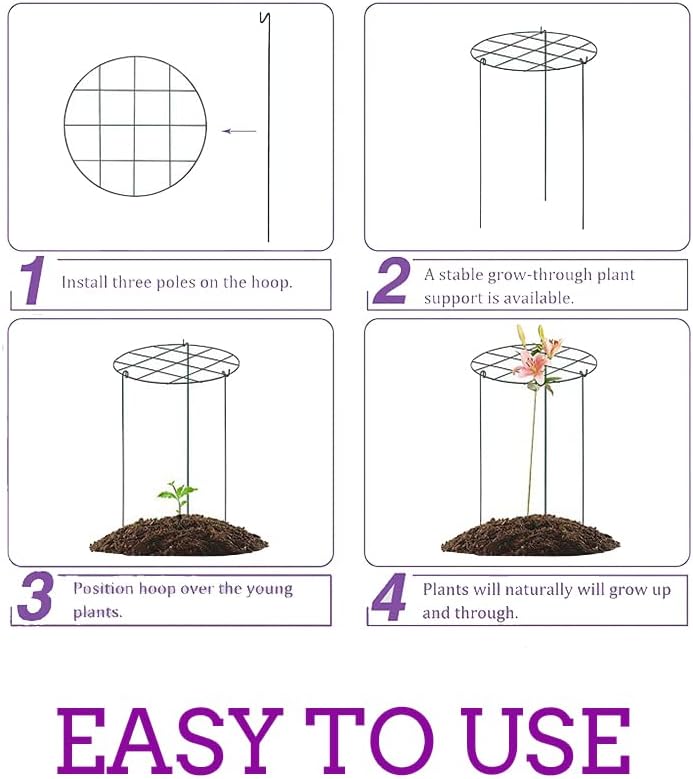 Peony Cages and Supports, Pack of 6 Metal Grow Through Plant Support Stakes Grid Plant Brace Flower Support Rings Hoops with 3 Pcs Legs for Flowers, Peonies, Rose, Lily (16in)