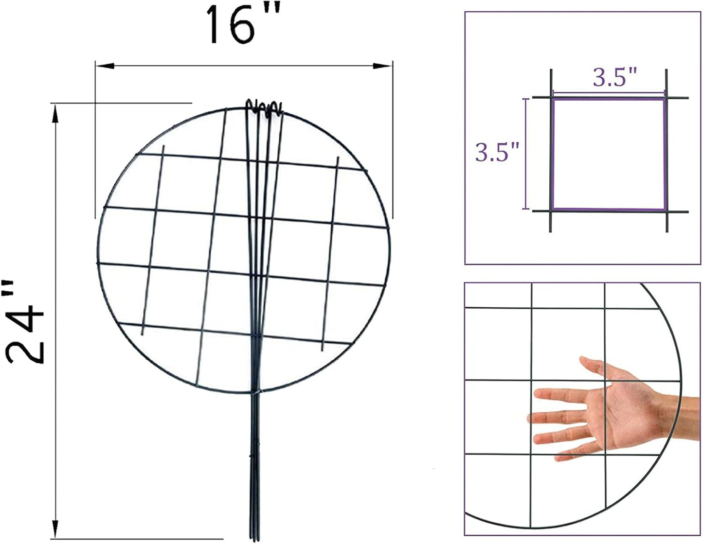 Peony Cages and Supports, Pack of 6 Metal Grow Through Plant Support Stakes Grid Plant Brace Flower Support Rings Hoops with 3 Pcs Legs for Flowers, Peonies, Rose, Lily (16in)