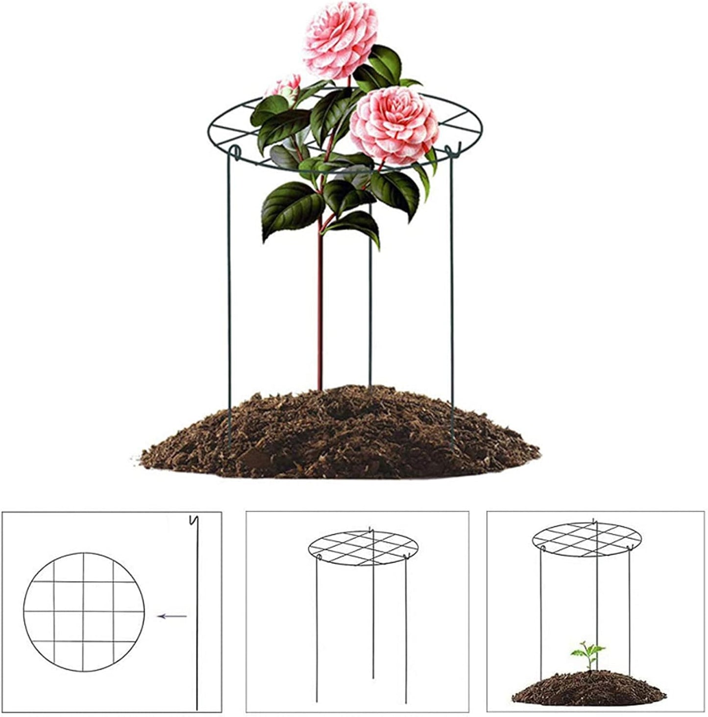 Peony Cages and Supports, Pack of 6 Metal Grow Through Plant Support Stakes Grid Plant Brace Flower Support Rings Hoops with 3 Pcs Legs for Flowers, Peonies, Rose, Lily (16in)