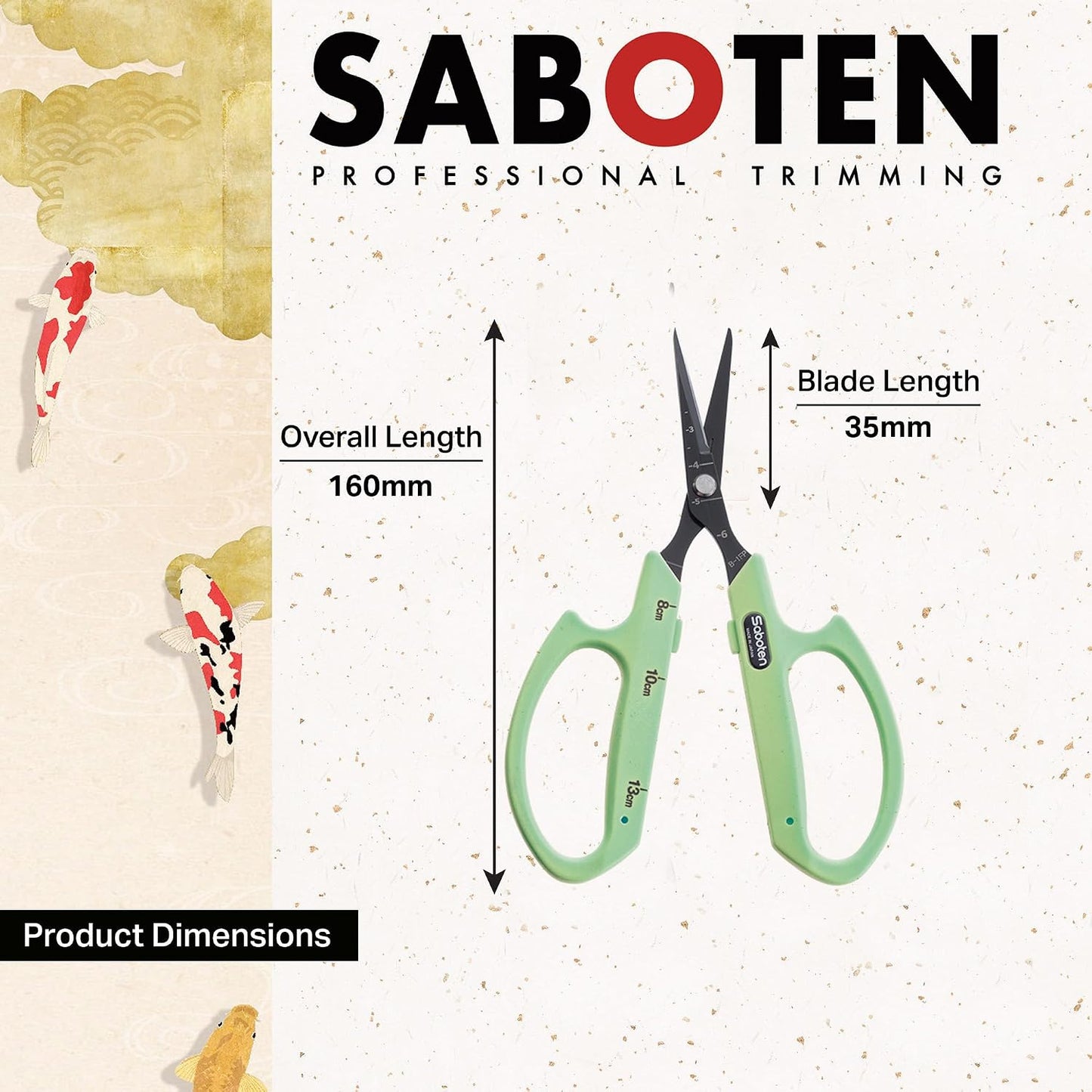 Saboten Fluorine Coated Angled Blade Trimming Scissors Green PT-2 160mm Precision Gardening Bonsai and Floral Shears Made in Japan