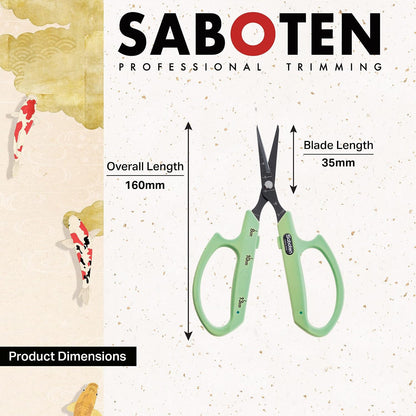 Saboten Fluorine Coated Angled Blade Trimming Scissors Green PT-2 160mm Precision Gardening Bonsai and Floral Shears Made in Japan