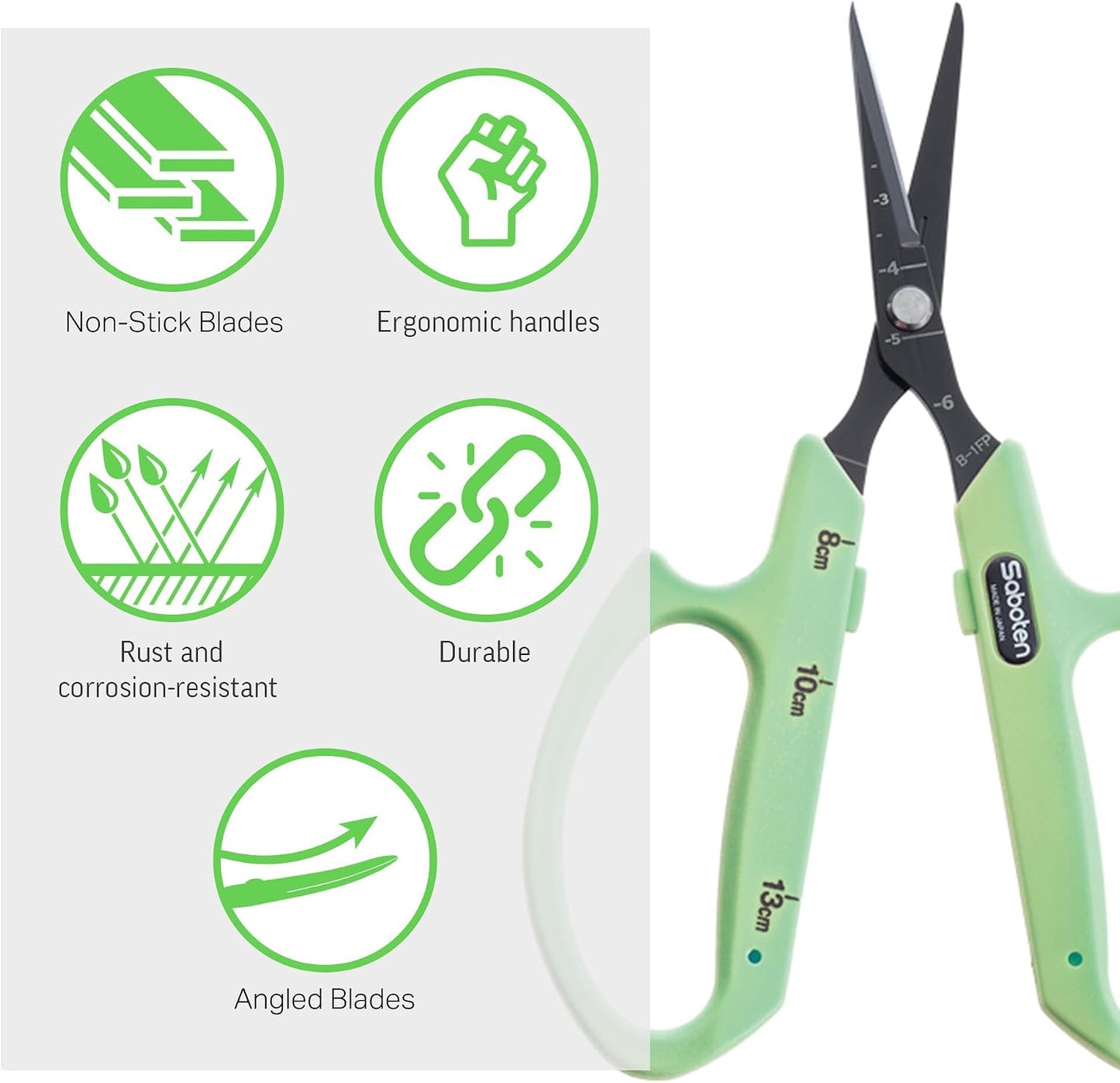 Saboten Fluorine Coated Angled Blade Trimming Scissors Green PT-2 160mm Precision Gardening Bonsai and Floral Shears Made in Japan