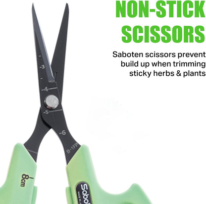 Saboten Fluorine Coated Angled Blade Trimming Scissors Green PT-2 160mm Precision Gardening Bonsai and Floral Shears Made in Japan