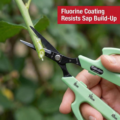 Saboten Fluorine Coated Angled Blade Trimming Scissors Green PT-2 160mm Precision Gardening Bonsai and Floral Shears Made in Japan