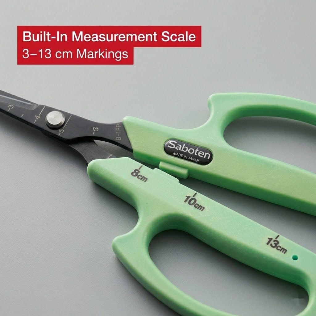 Saboten Fluorine Coated Angled Blade Trimming Scissors Green PT-2 160mm Precision Gardening Bonsai and Floral Shears Made in Japan