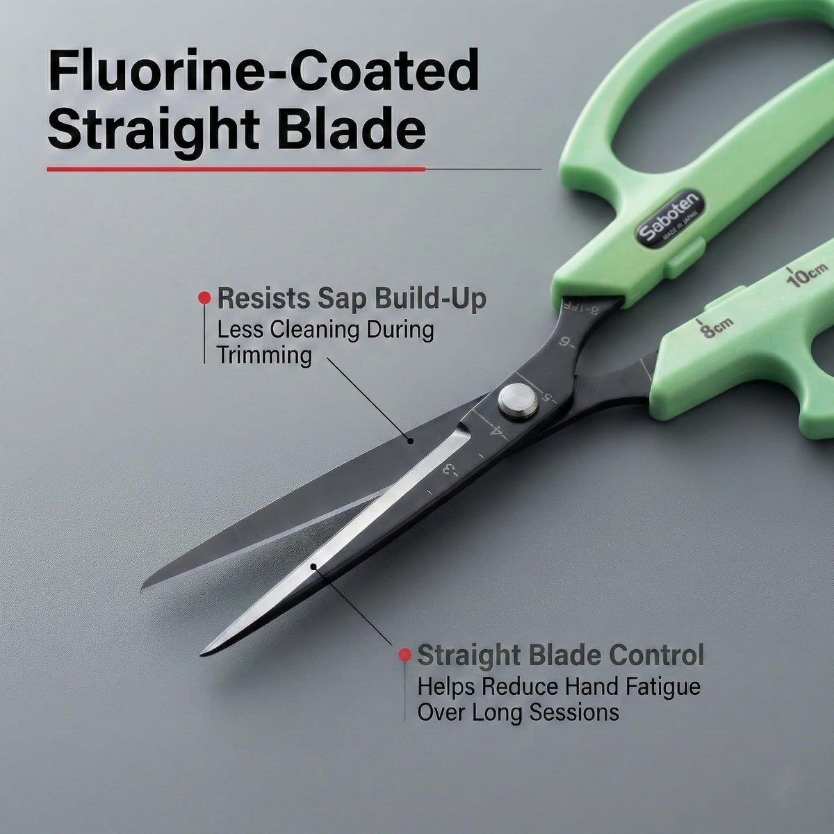 Saboten Fluorine Coated Angled Blade Trimming Scissors Green PT-2 160mm Precision Gardening Bonsai and Floral Shears Made in Japan
