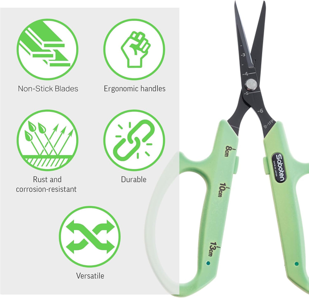 Saboten Fluorine Coated Angled Blade Trimming Scissors Green PT-2 160mm Precision Gardening Bonsai and Floral Shears Made in Japan
