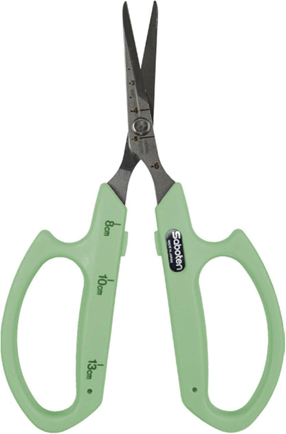 Saboten Fluorine Coated Angled Blade Trimming Scissors Green PT-2 160mm Precision Gardening Bonsai and Floral Shears Made in Japan