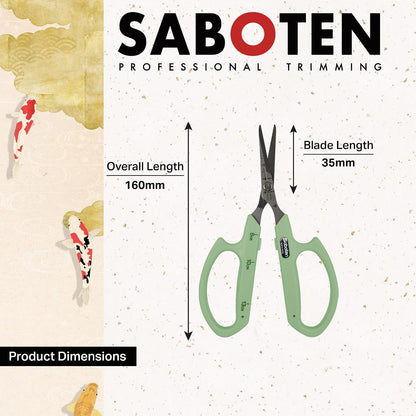 Saboten Fluorine Coated Angled Blade Trimming Scissors Green PT-2 160mm Precision Gardening Bonsai and Floral Shears Made in Japan
