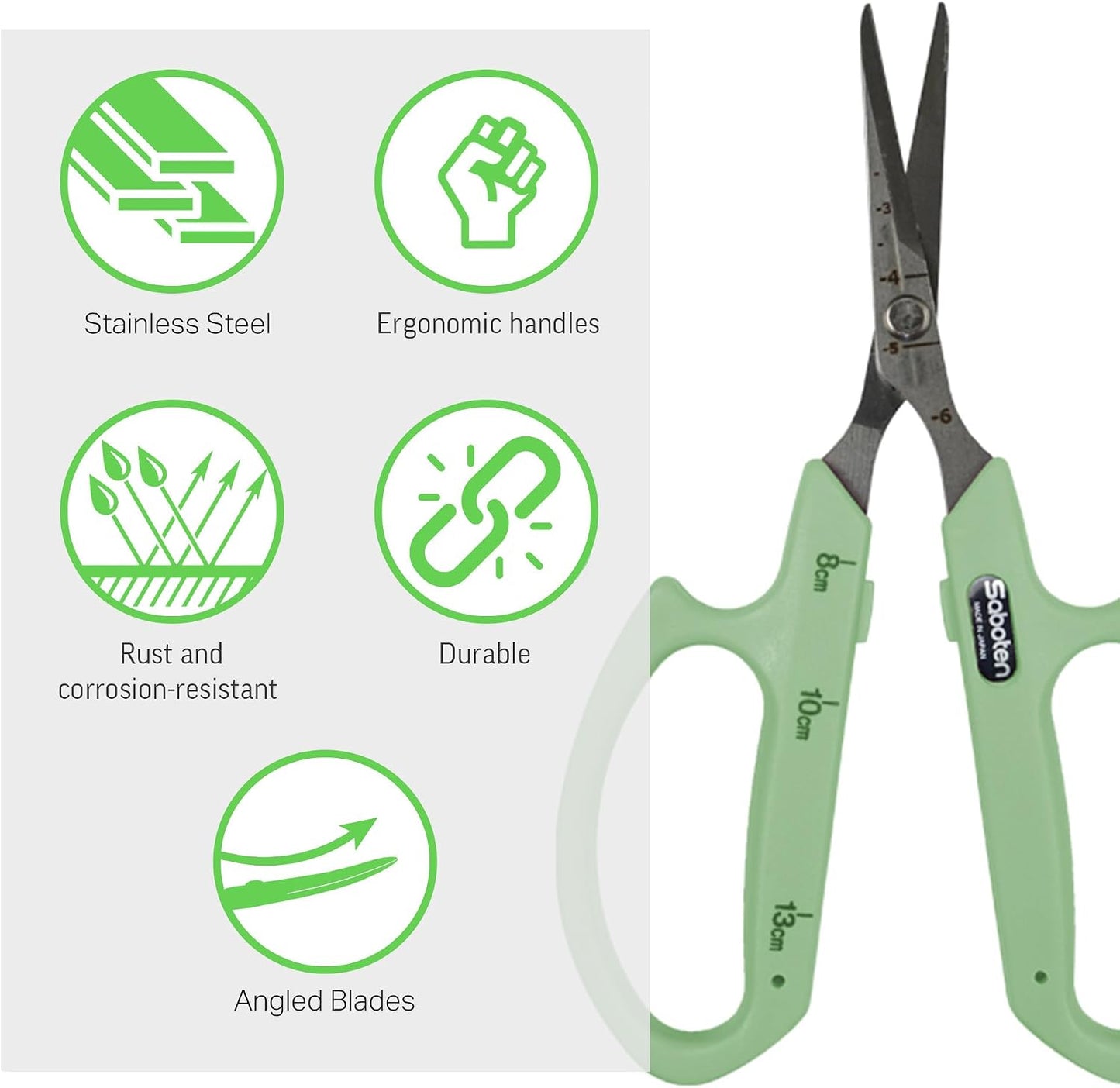 Saboten Fluorine Coated Angled Blade Trimming Scissors Green PT-2 160mm Precision Gardening Bonsai and Floral Shears Made in Japan