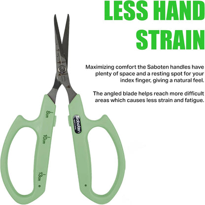 Saboten Fluorine Coated Angled Blade Trimming Scissors Green PT-2 160mm Precision Gardening Bonsai and Floral Shears Made in Japan